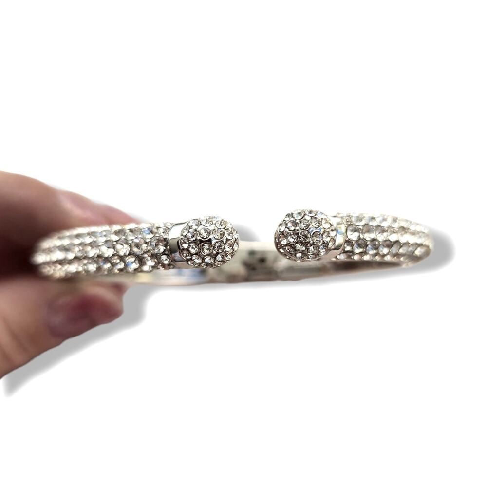 Vintage Joan Boyce Clear Rhinestone Silver Clamper Bangle Bracelet Crystals